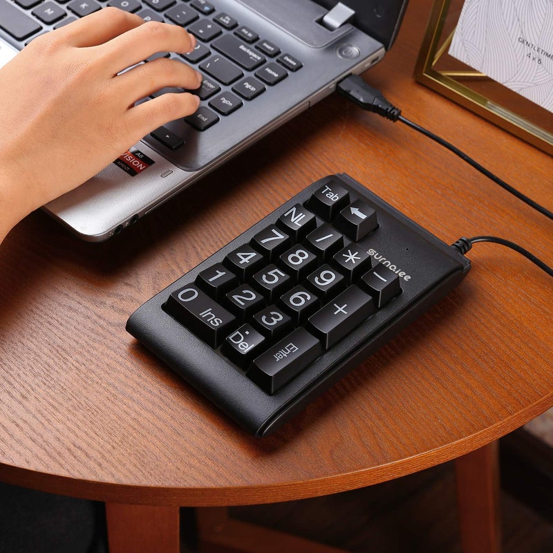 SurnQiee USB Number Pad, Large Print Wired Numeric Keypad with 3 Colors LED Backlit, Portable Mini 10 Key Num Pad for Laptop Desktop Computer PC, Full Size 19 Key - Black - Image 5
